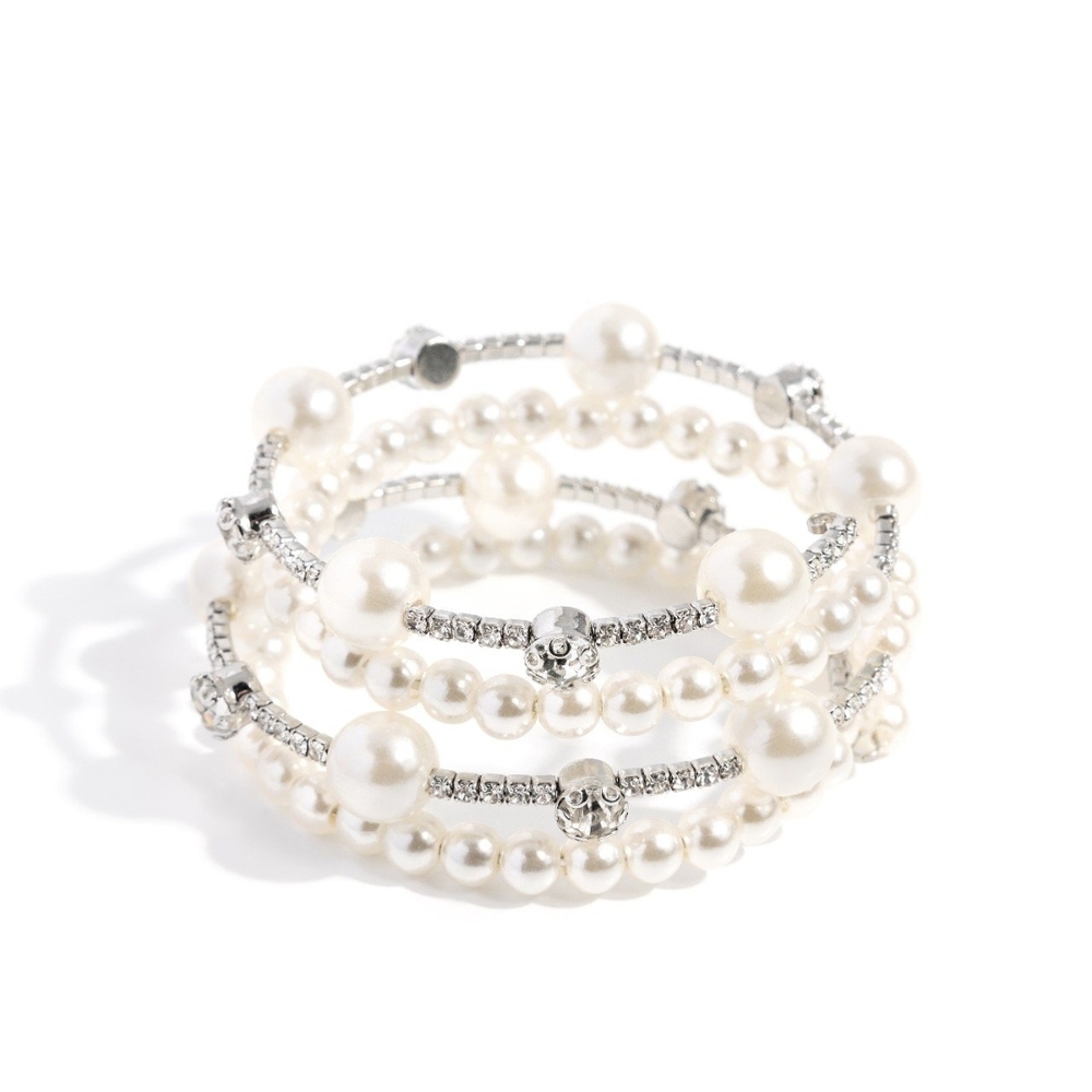 Paparazzi White and Silver Wrap Bracelet with Pearls Adorably Amiable Jewelry